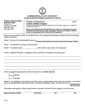 Kentucky LLC Articles of Dissolution