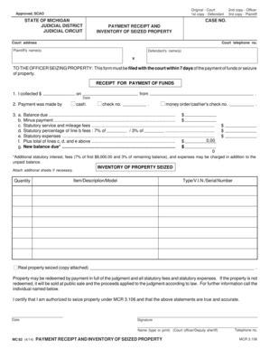 Michigan Payment Receipt and Inventory of Seized Property