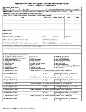 Michigan Child Abuse or Neglect Report Form