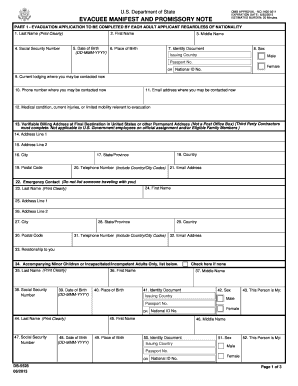 Evacuee Manifest and Promissory Note