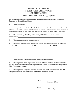 Delaware Short Form Certificate of Dissolution