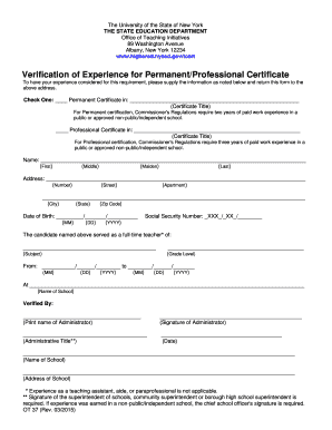 Verification of Experience for Permanent/Professional Certificate