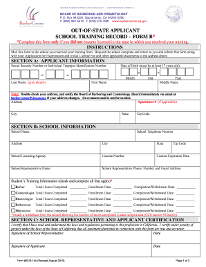California Barbering and Cosmetology School Training Record
