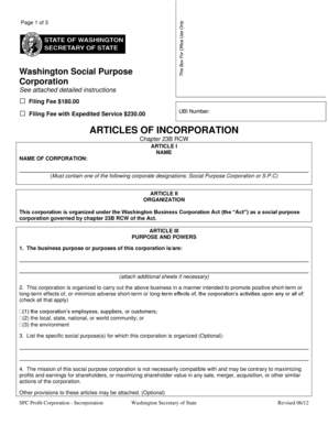 Washington Social Purpose Corporation Articles of Incorporation