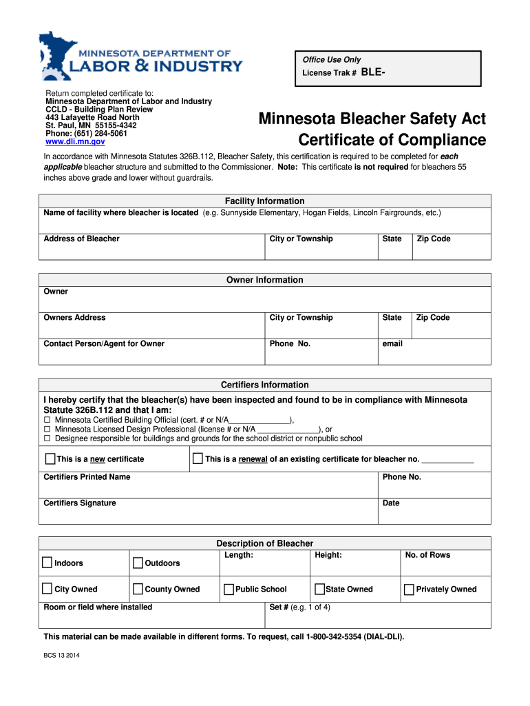 Minnesota Bleacher Safety Act Certificate of Compliance - dli mn Preview on Page 1