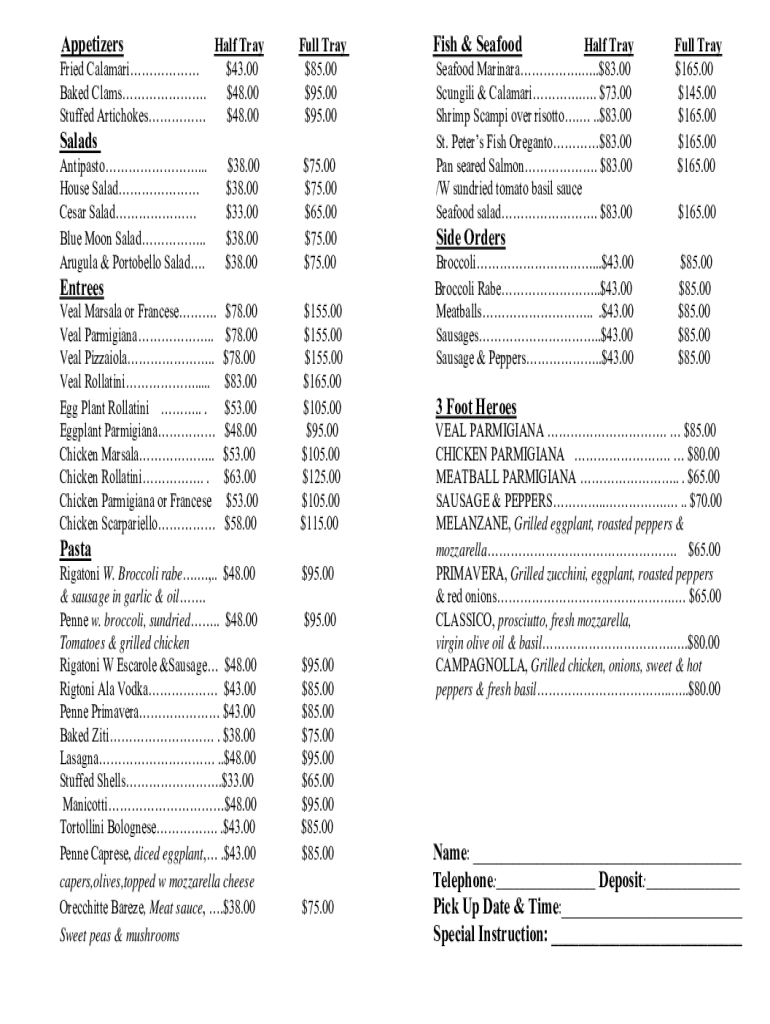 Fillable Online Appetizers Fish & Seafood Salads Side Orders Entrees 3