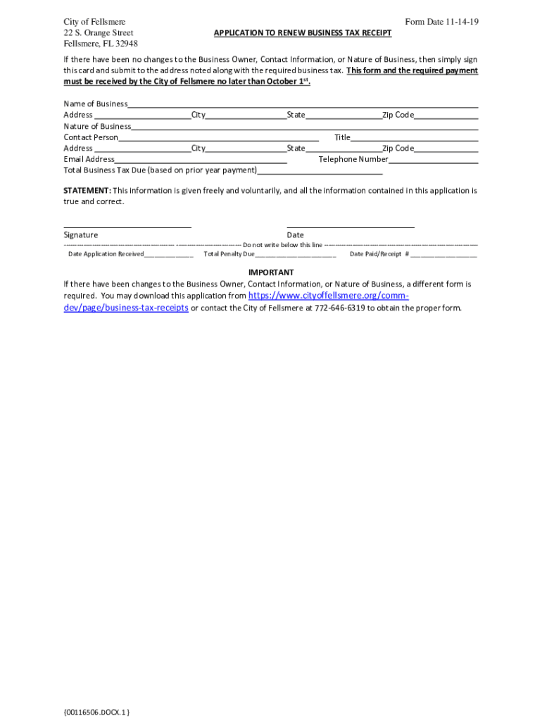 Fillable Online Business Tax Receipts DivisionFellsmere Florida Fax