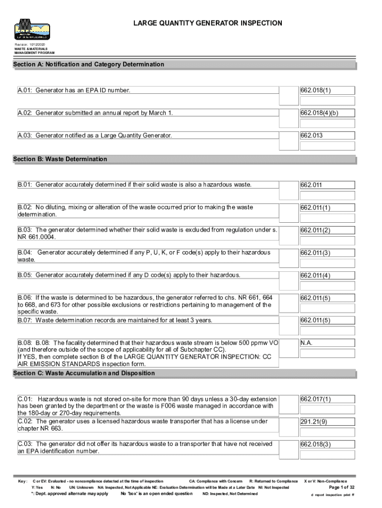 Fillable Online dnr wisconsin Large Quantity Generator Inspection Form