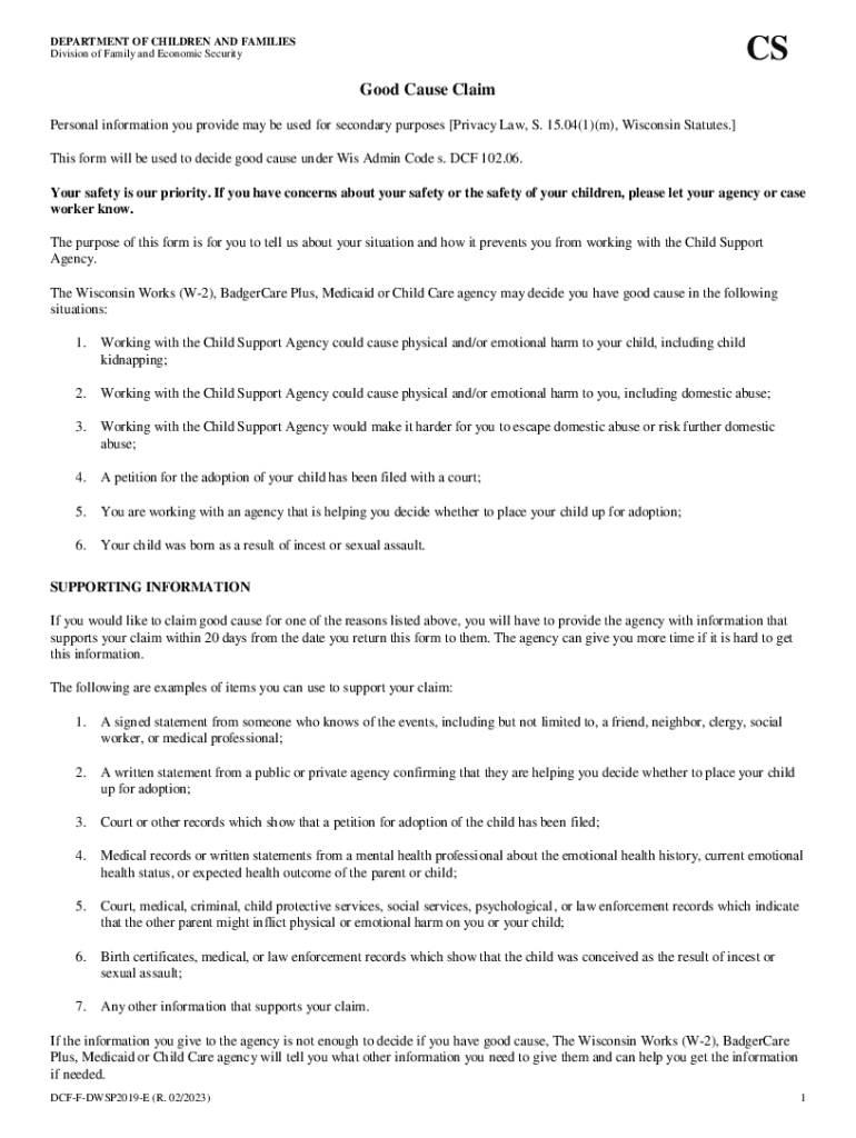 Good Cause Claim, DCF-F-DWSP2019-E Division of Family and Economic Security Preview on Page 1