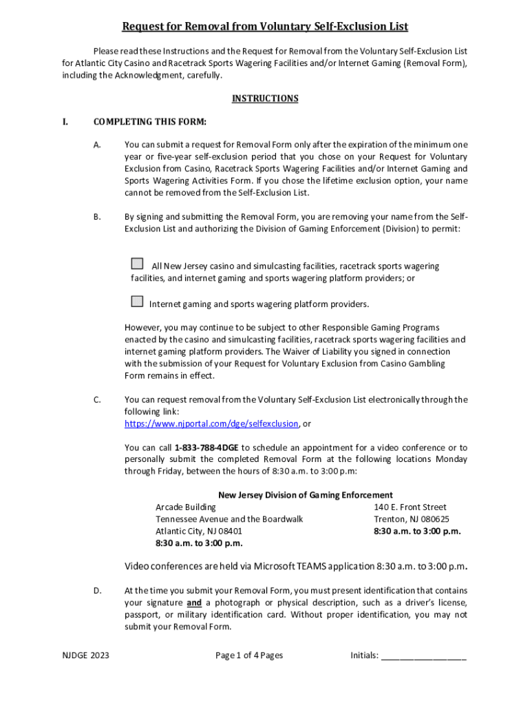 voluntary self exclusion form Preview on Page 1