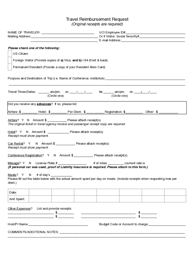 Fillable Online TRAVEL HSSoE Reimbursement Request Form UCI Fax Email