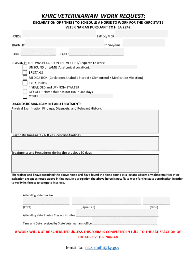 Fillable Online khrc ky KHRC VETERINARIAN WORK REQUEST Fax Email Print