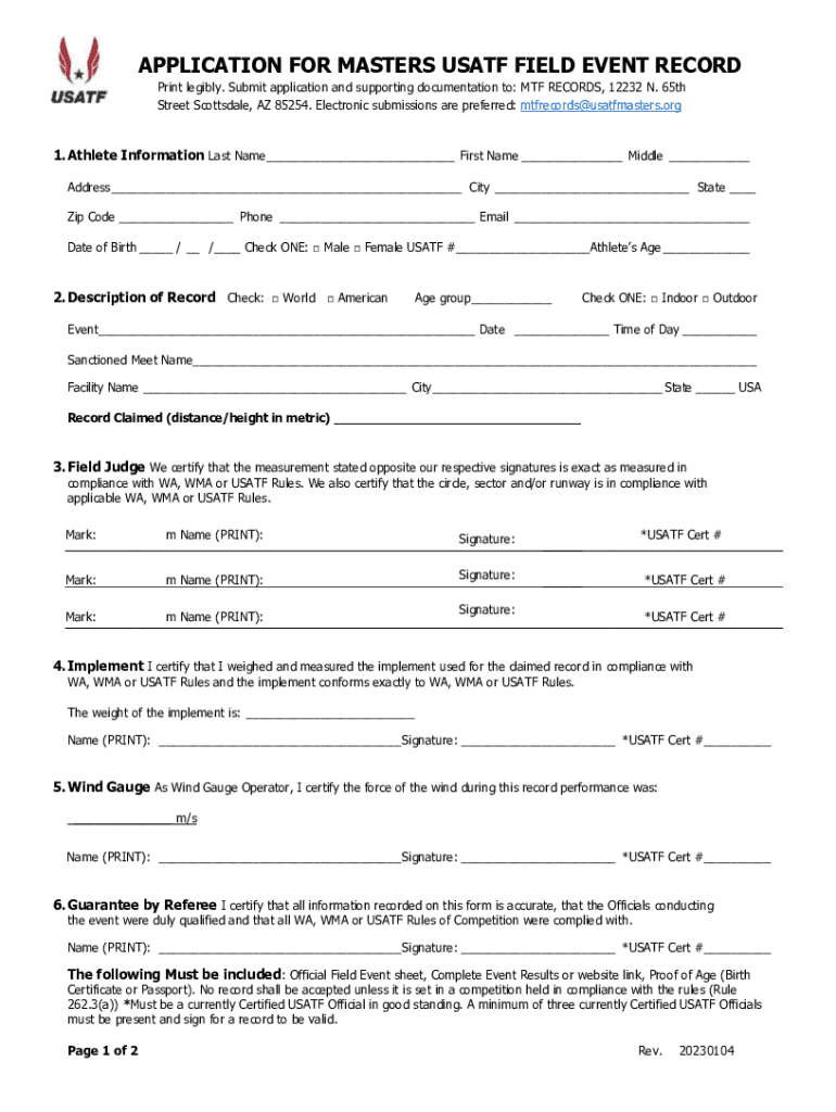 Fillable Online application for masters combined events record Fax