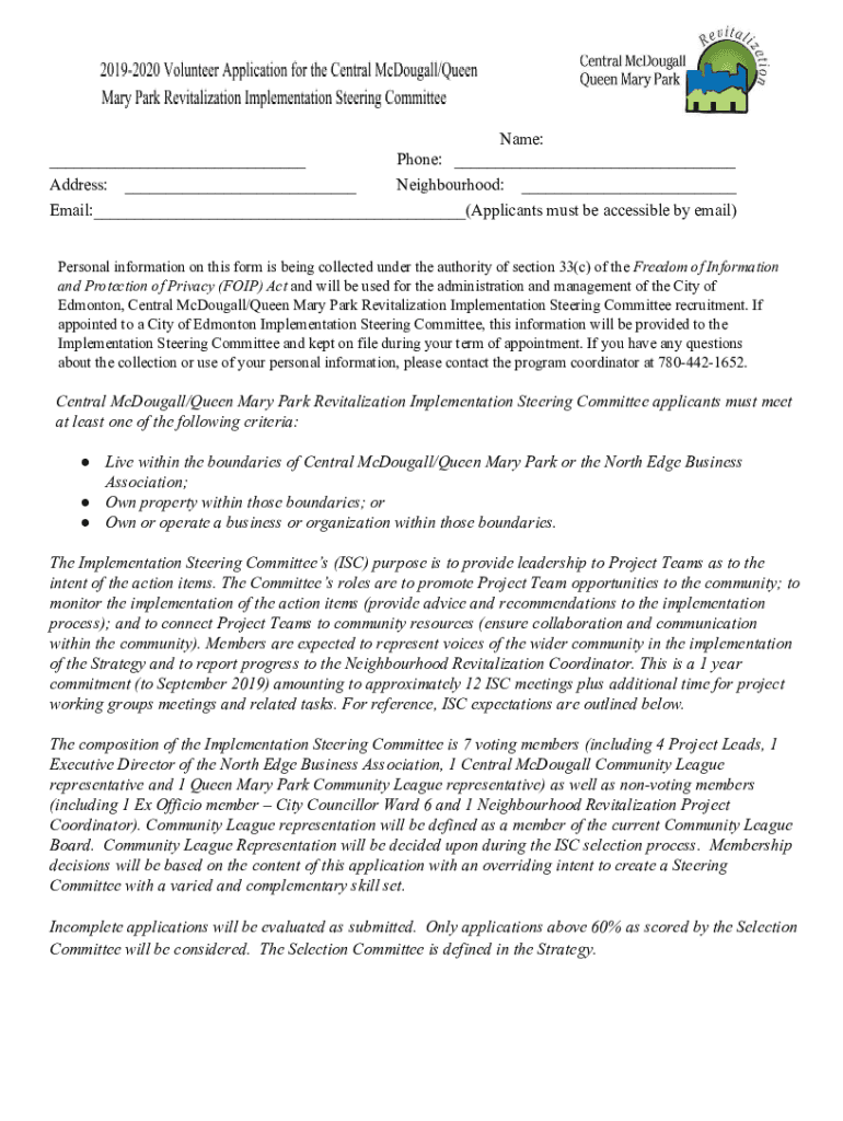 Fillable Online 20192020 Application for the Central McDougall Queen