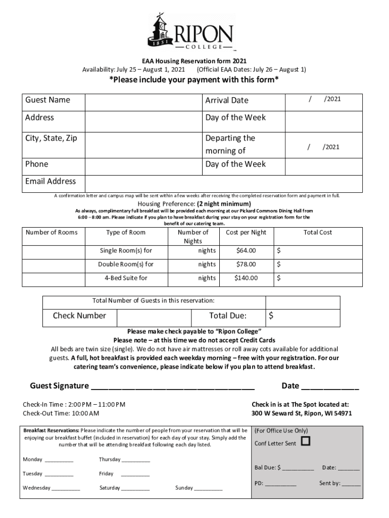 Fillable Online EAA AirVenture Oshkosh Lodging Residence Life Fax Email Print pdfFiller
