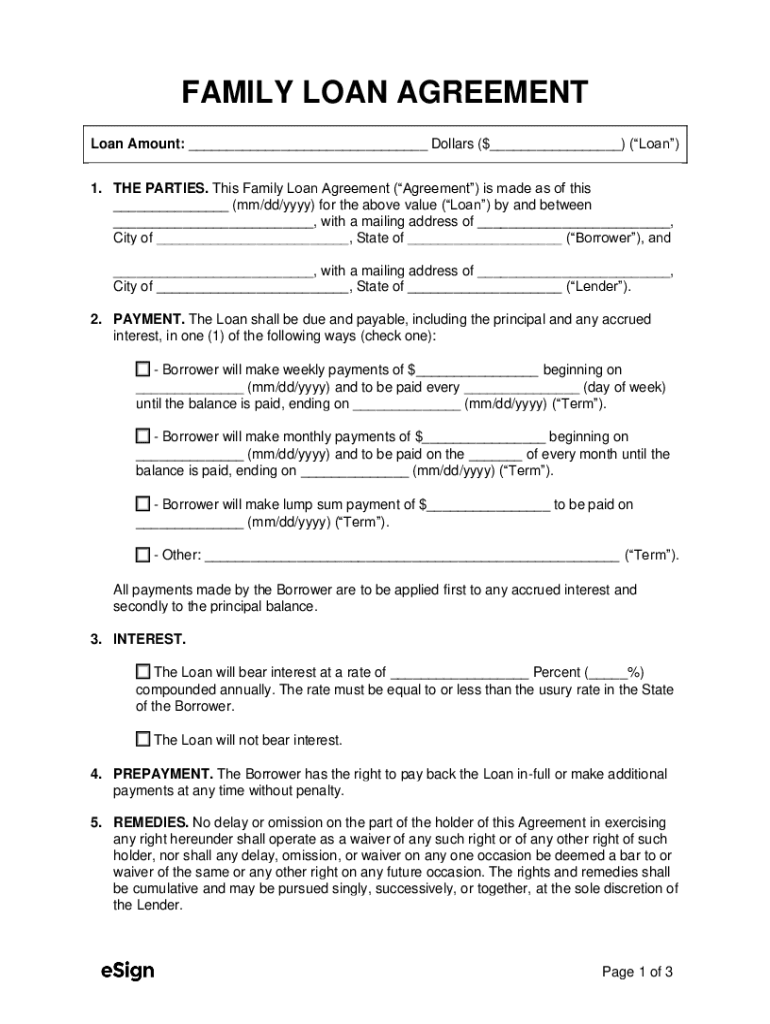 Family Loan Agreement Preview on Page 1