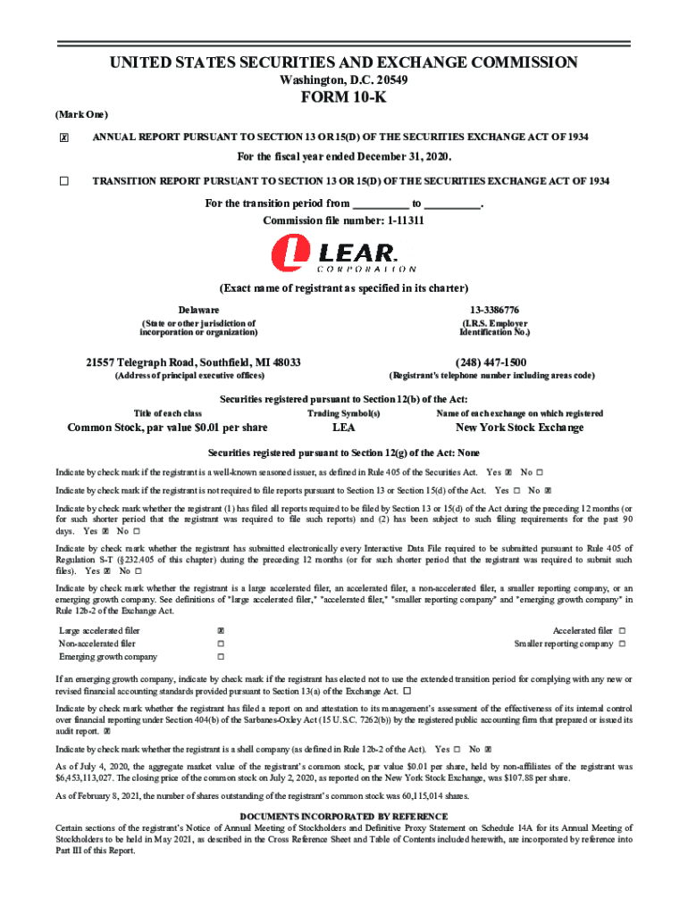 Fillable Online Lear Corporation 2020 Form 10-K Fax Email Print - pdfFiller