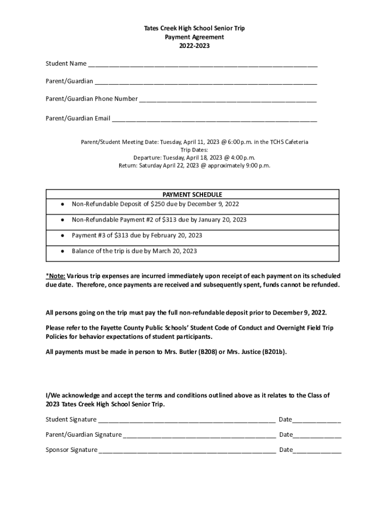 Fillable Online Tates Creek High School Senior Trip Fax Email Print