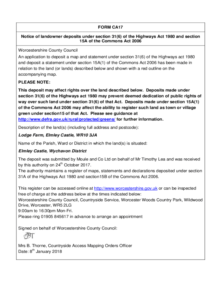 Fillable Online FORM CA17 Notice of landowner deposits under section