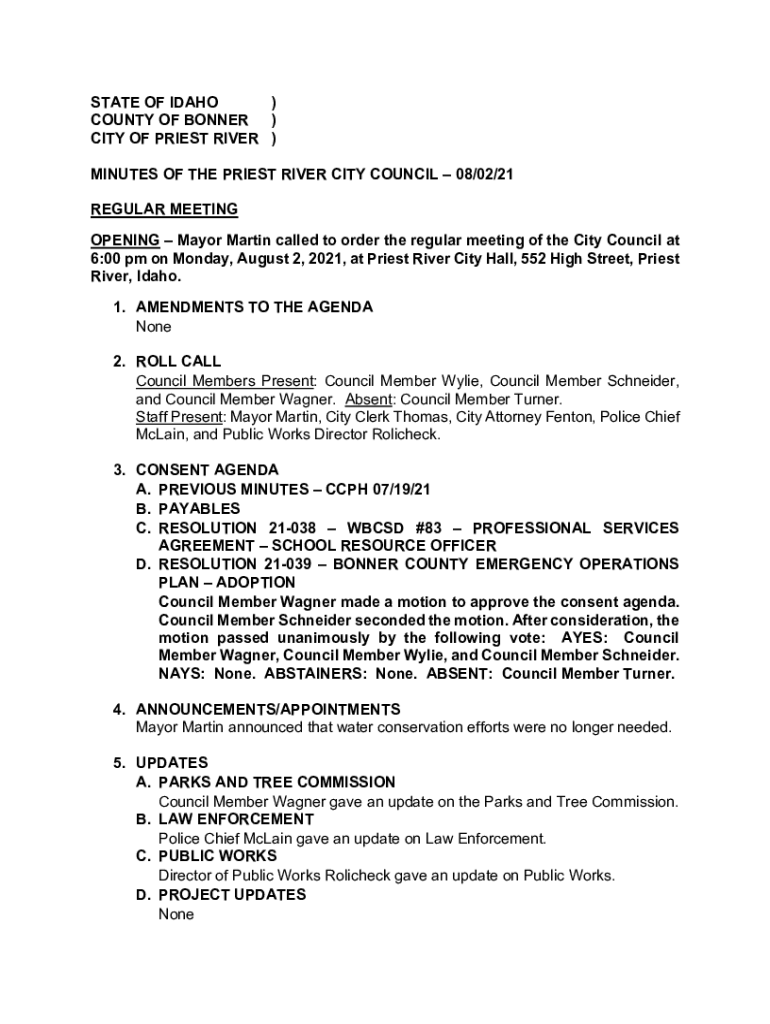 Fillable Online 600 pm on Monday, August 2, 2021, at Priest River City