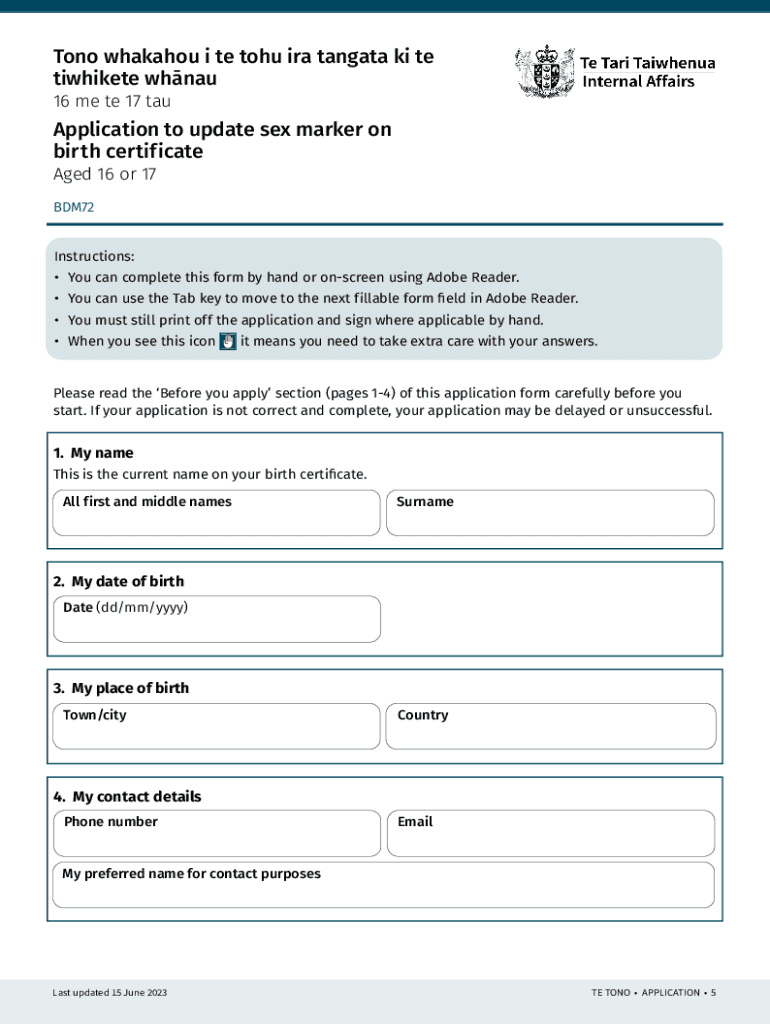 Fillable Online Application to update sex marker on birth certificate