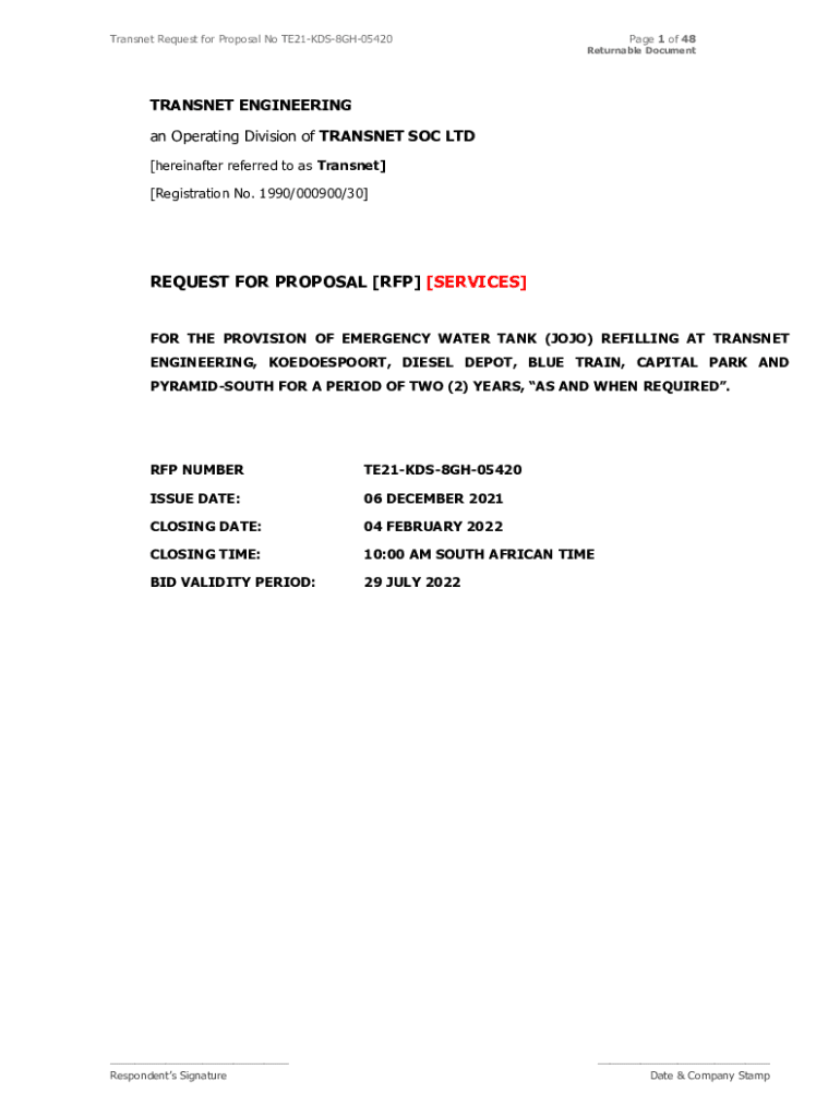 Fillable Online Transnet Request for Proposal No TE21-KDS-8GH-05420 Fax ...