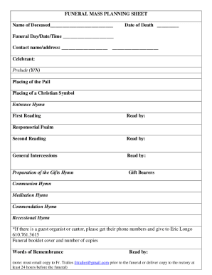 FUNERAL MASS PLANNING SHEET