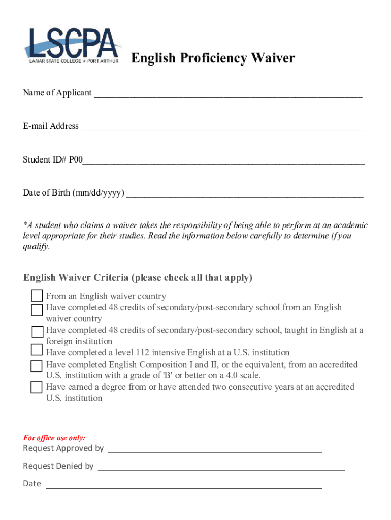 Fillable Online English Language Proficiency Waiver Request Form Fax ...