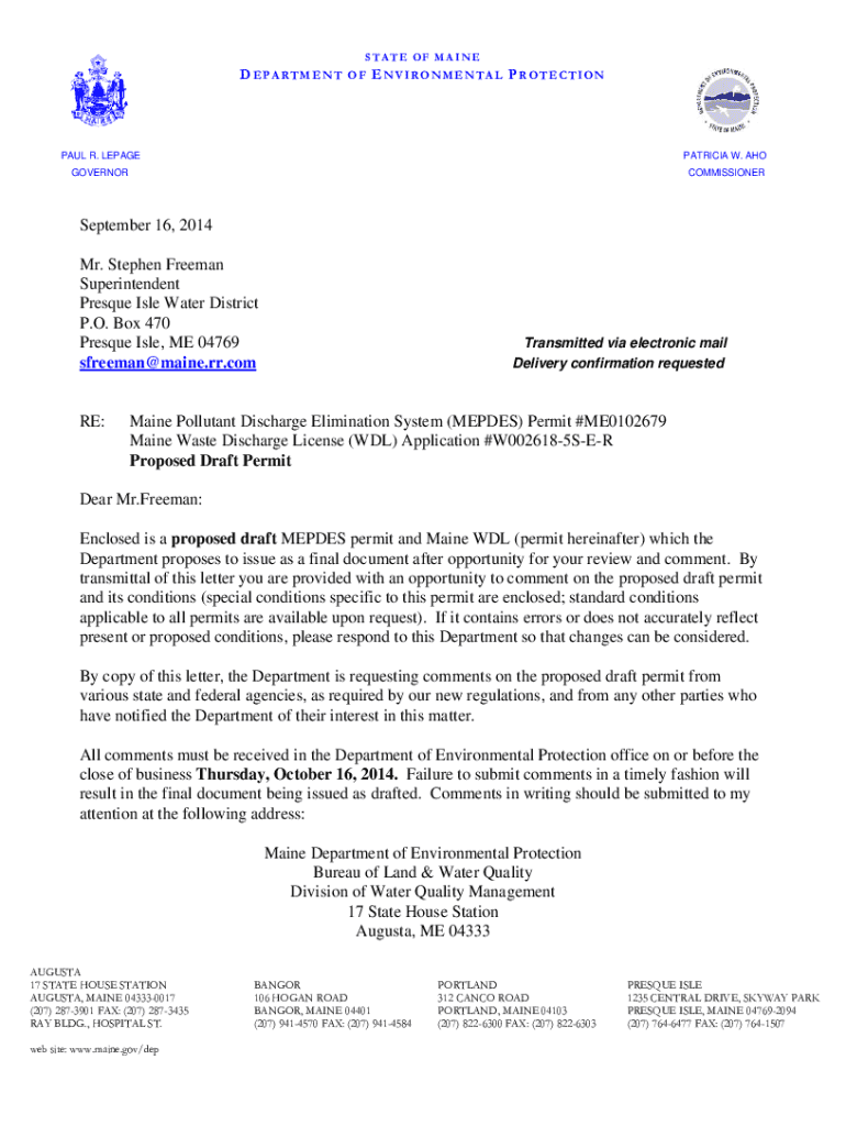 Fillable Online Presque Isle Utilities District, ME0102679, Draft