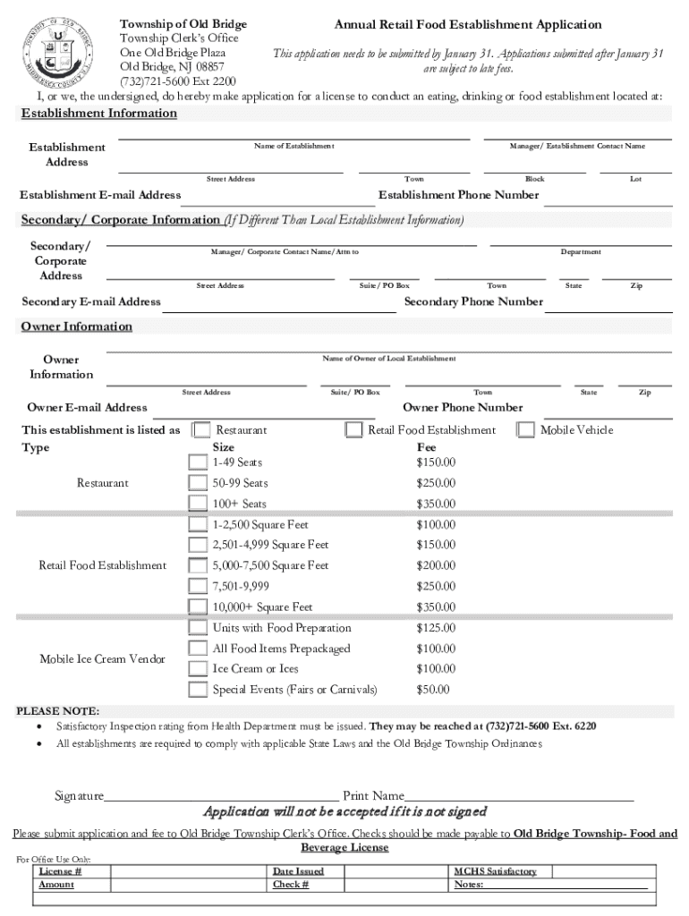 Fillable Online Annual Retail Food Establishment Application Fax Email
