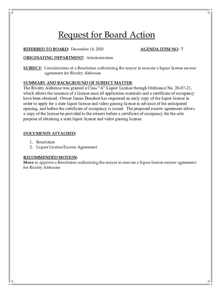 Fillable Online 7a Rivalry Alehouse Liquor License Escrow Agreement