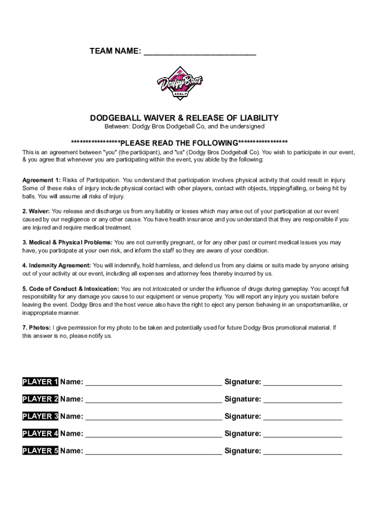 Fillable Online Dodgeball Waiver Form 1/5/17 Fax Email Print pdfFiller