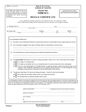 New Jersey Resale Certificate