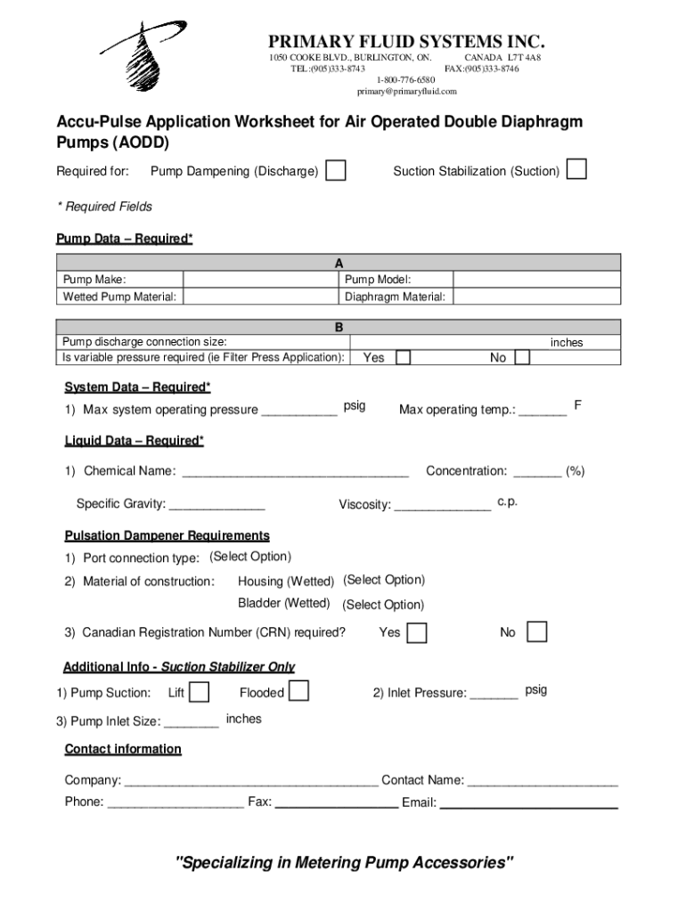 Fillable Online About Us Primary Fluid Systems Inc. Fax Email Print
