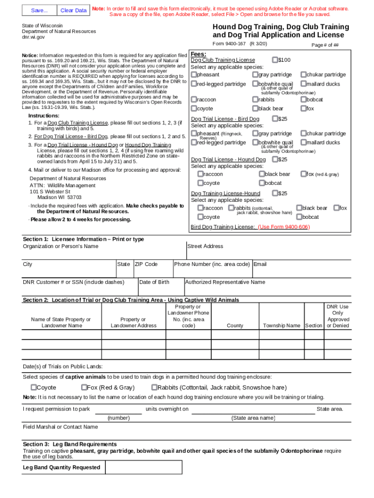 Form 9400-167 Hound Dog Training, Dog Club Training and Dog Trial Application and License - 9400-167 Preview on Page 1