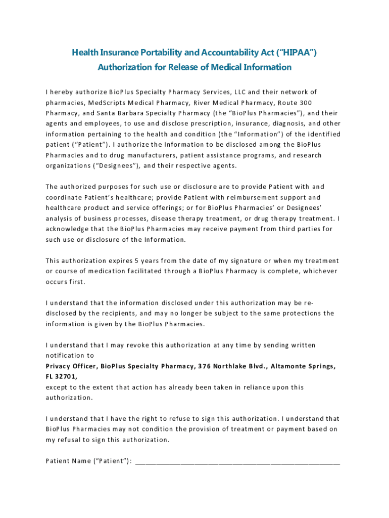 Fillable Online I hereby authorize BioPlus Specialty Pharmacy Services ...