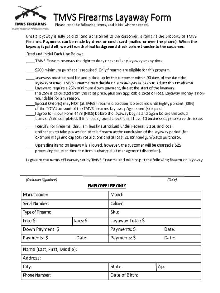 Fillable Online TMVS Firearms Layaway Form Fax Email Print pdfFiller