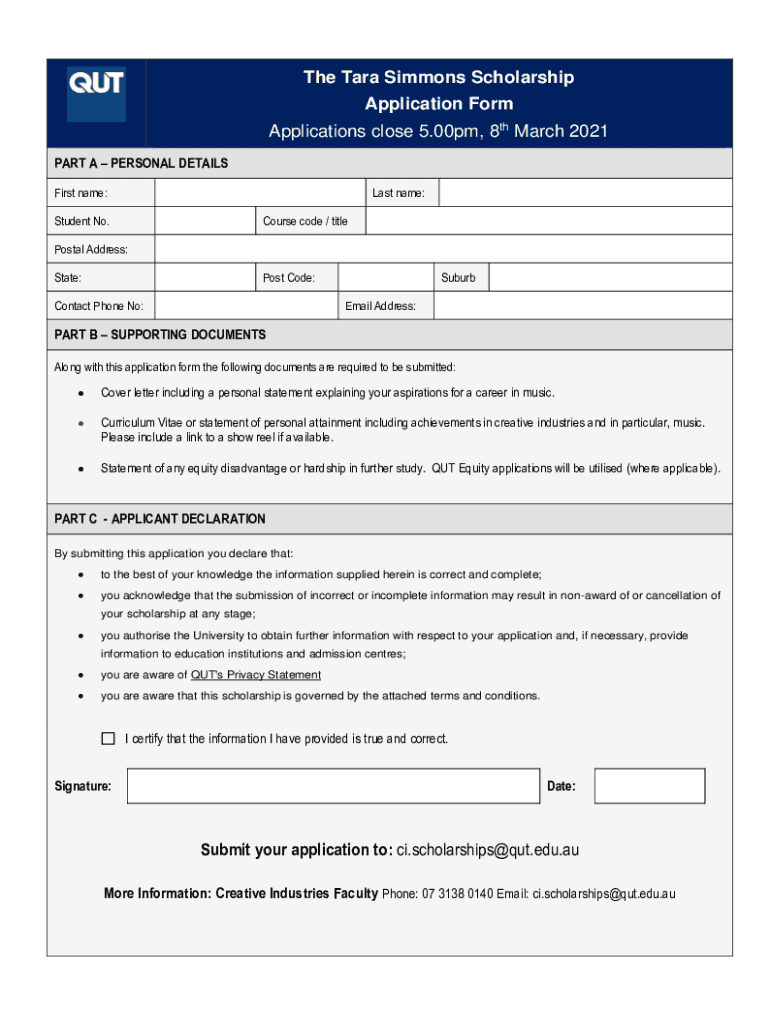 Fillable Online Tara Simmons Scholarship application form Fax Email ...