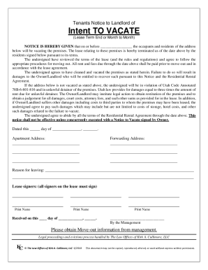 Fillable Online INSTRUCTIONS FOR USE TENANT'S INTENT TO VACATE If a ...