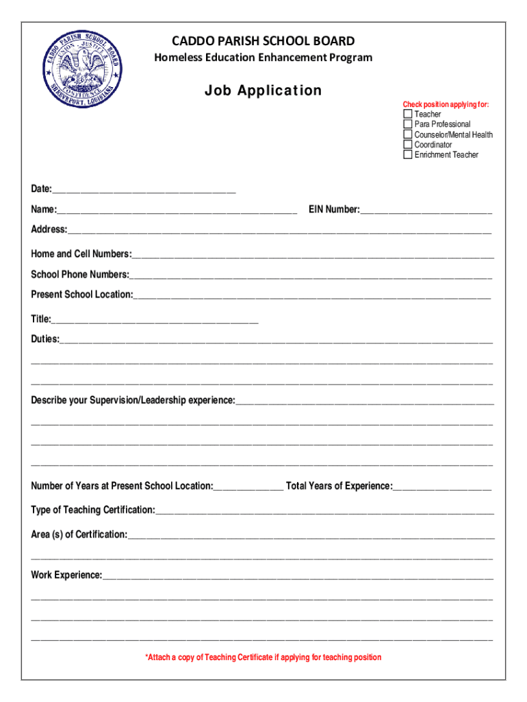 Fillable Online Caddo Parish School Board Job Application Fax Email