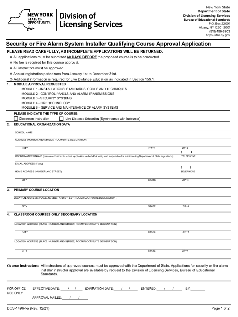 Fillable Online dos ny Security or Fire Alarm System Installer ...