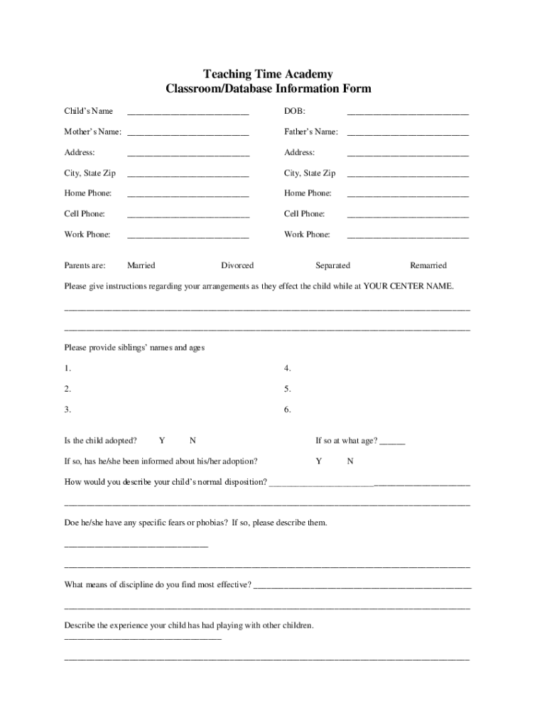 Fillable Online Teaching Time Academy Classroom/Database Information