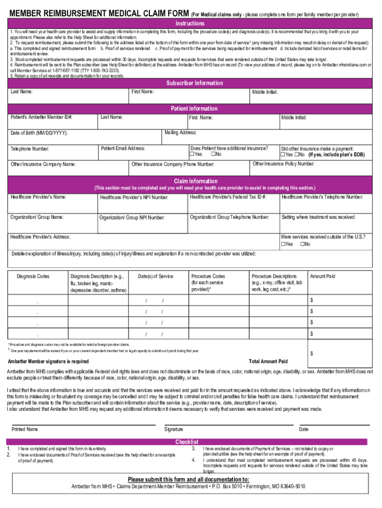 Fillable Online IN Member Reimbursement Medical Claim Form. Member