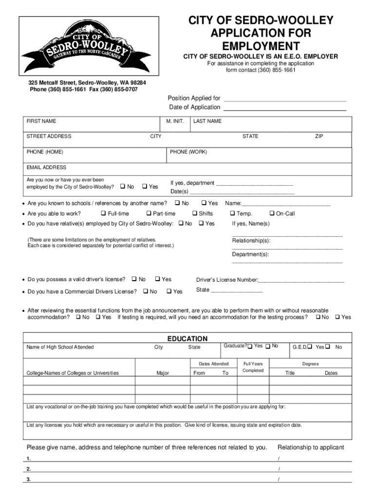 Fillable Online city of sedrowoolley application for employment Fax