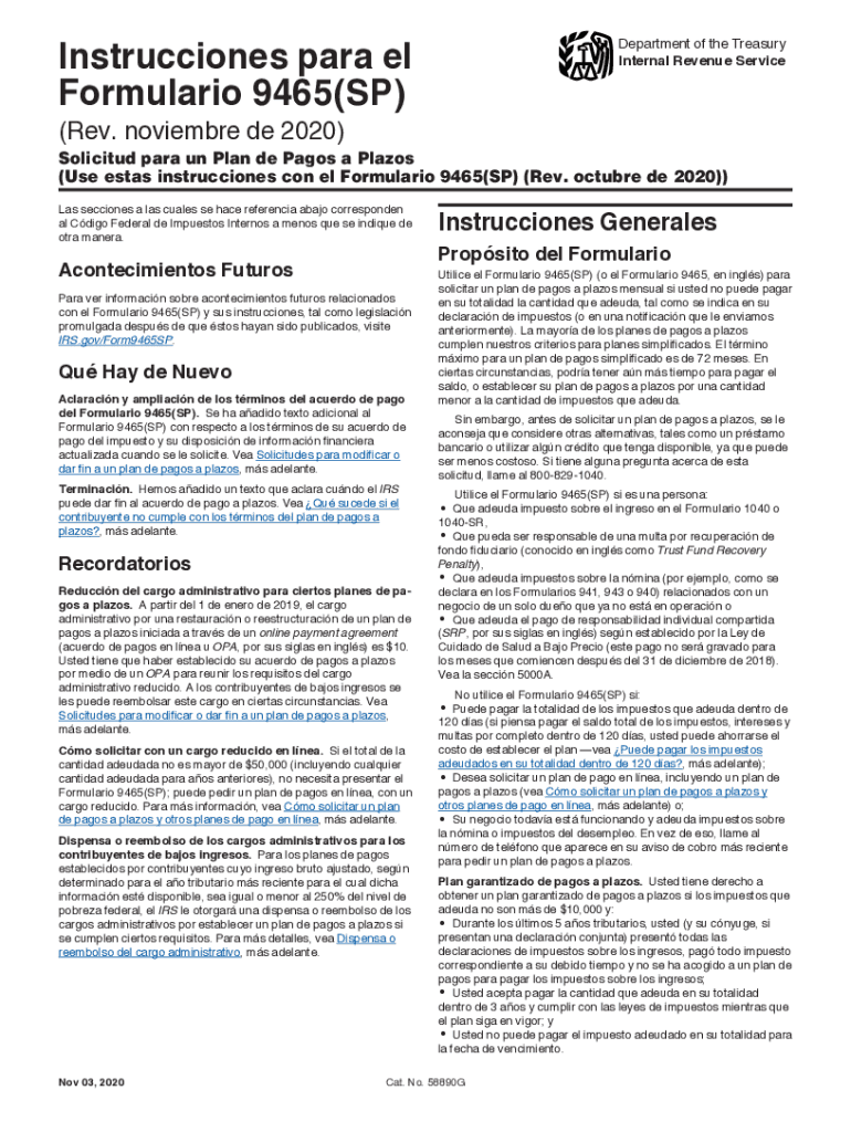 Form 9465 SP Solicitud para un Plan de Pagos a Plazos Preview on Page 1