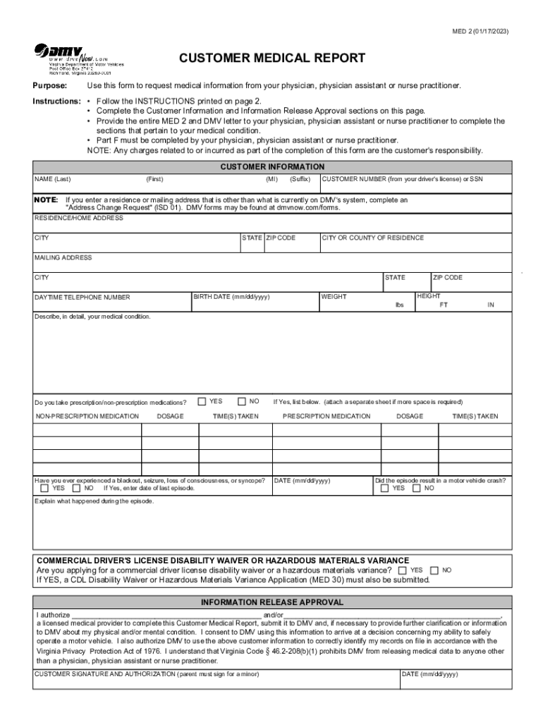 2011 Form VA DMV MED 2 Fill Online, Printable, Fillable Preview on Page 1