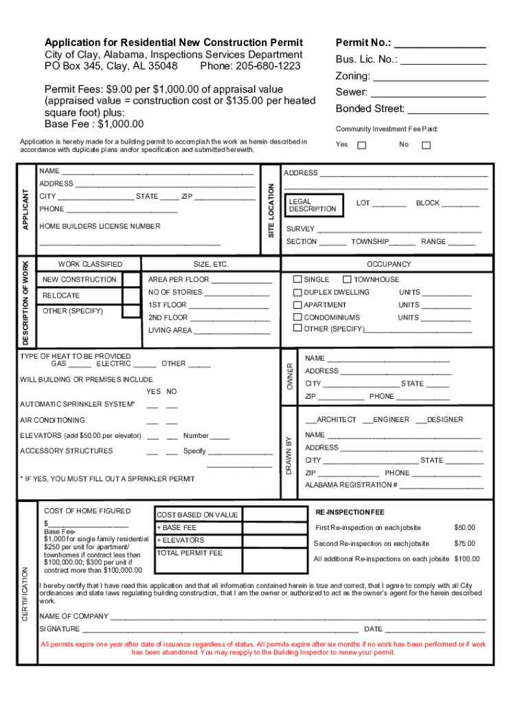 Fillable Online Application for Residential New Construction Permit Fax