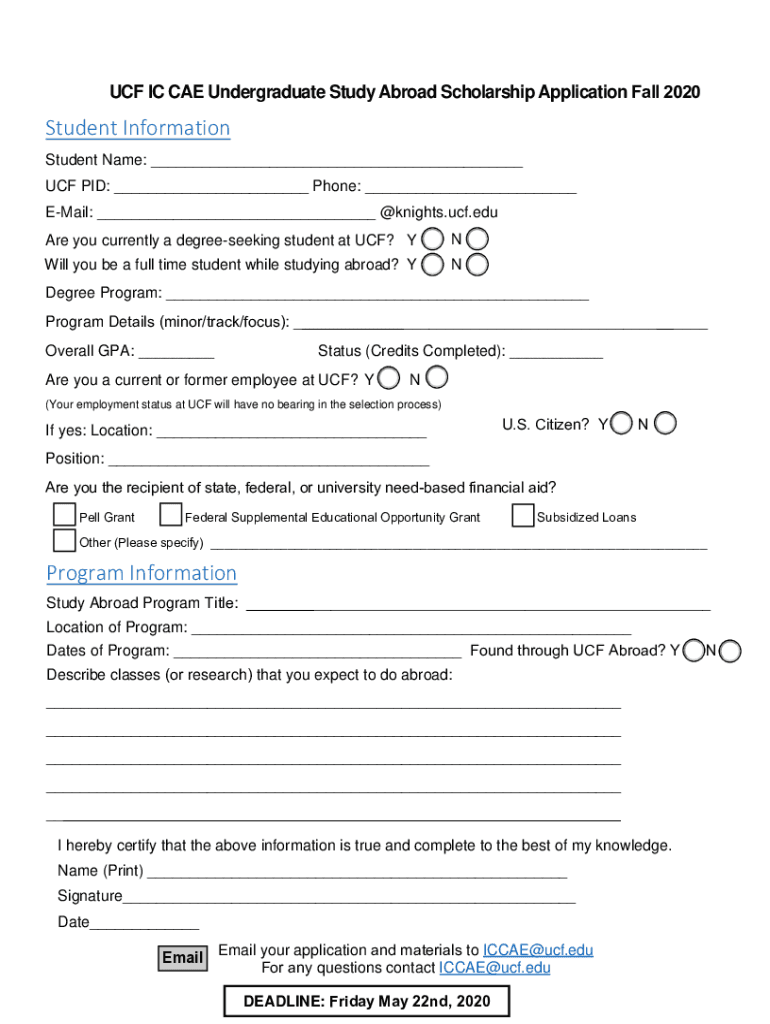 Fillable Online sciences ucf IC CAE Study Abroad Scholarship UCF