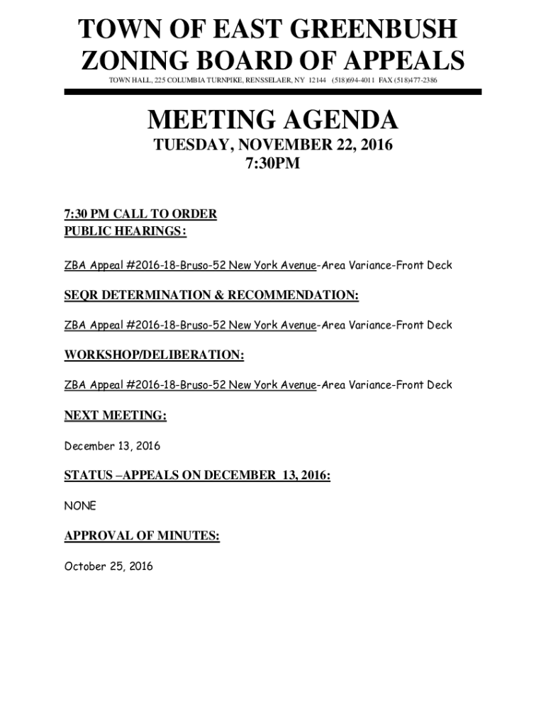 Fillable Online TOWN OF EAST GREENBUSH ZONING BOARD OF APPEALS Fax