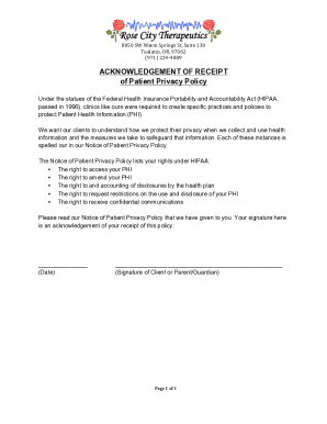 ACKNOWLEDGEMENT OF RECEIPT of Patient Privacy Policy